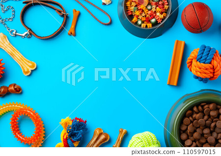 Treats and toys for dogs on blue background close up 110597015
