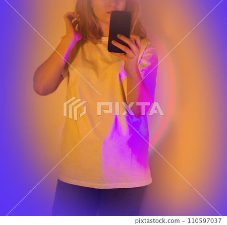 Unknown faceless caller on a neon background Unknown faceless caller on a neon background 110597037