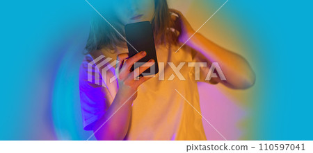 Figure wearing VR glasses experiencing a new virtual world. Figure wearing VR glasses experiencing a new virtual world. 110597041