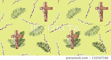 Cute watercolor print with wood and leaf Cross for Easter or Christening invitation , palm sunday decoration. Seamless christian theme pattern for design. Green lime background 110597166