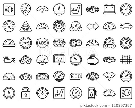 Car dashboard icons set. Outline set of car dashboard vector icons for web design isolated on white background 110597397