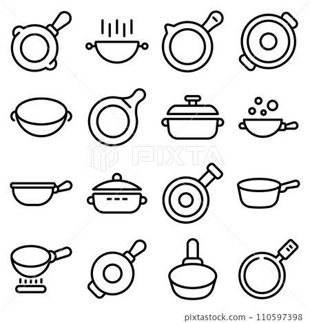 Wok frying pan icons set. Outline set of wok frying pan vector icons for web design isolated on white background 110597398