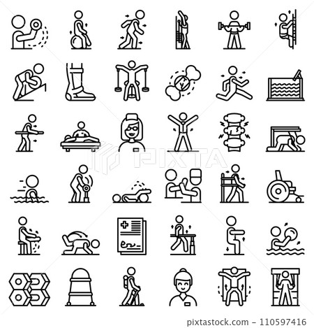 Physical therapist icons set. Outline set of physical therapist vector icons for web design isolated on white background Physical therapist icons set. Outline set of physical therapist vector icons for web design isolated on white background 110597416