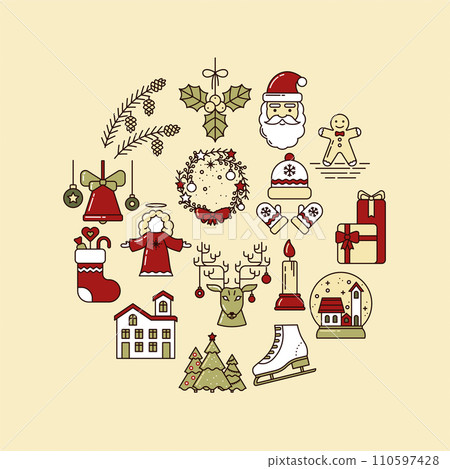 Holiday Circle Collection of Line Art Icons. Gingerbread, Santa Claus, Christmas tree, Reindeer. Vector illustration Holiday Circle Collection of Line Art Icons. Gingerbread, Santa Claus, Christmas tree, Reindeer. Vector illustration 110597428
