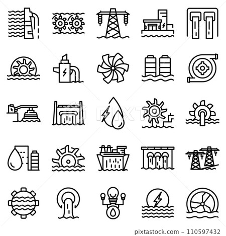 Hydro power icons set. Outline set of hydro power vector icons for web design isolated on white background 110597432