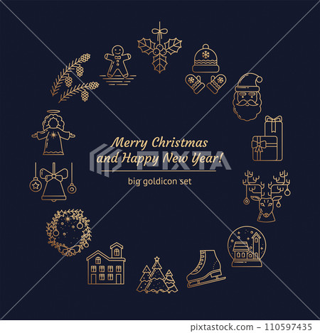 Christmas round set of line icons on a dark Blue background. Vector illustration 110597435