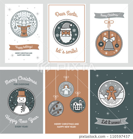 Cute Christmas Card Set with Reindeer, Santa, Bell. Christmas Toys, Snowman, Gingerbread, Angel, Pine Cones. Tags for Gifts, Template for Mailing, Design. Modern collection. Vector illustrations 110597437