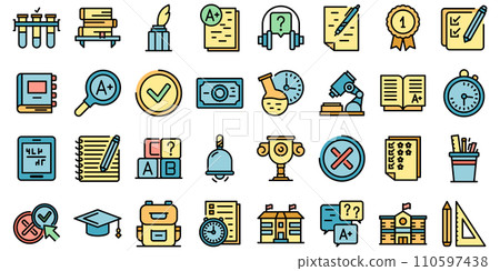 School test icons set. Outline set of school test vector icons thin line color flat on white 110597438
