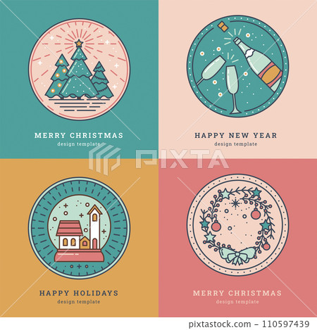Holiday Collection of Round Christmas card Templates. Simple Icons of Christmas tree, Star, Ray and Radiance, Champagne, Glasses, Snow Globe, Festive Wreath. Line art Elements for Greeting, Tag, Label 110597439