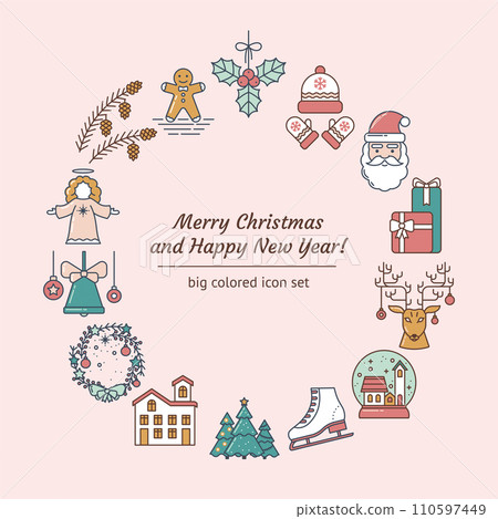 Christmas round set of line icons on a dark Blue background. Vector illustration 110597449