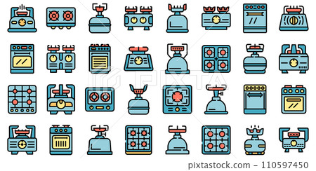 Burning gas stove icons set. Outline set of burning gas stove vector icons thin line color flat on white 110597450