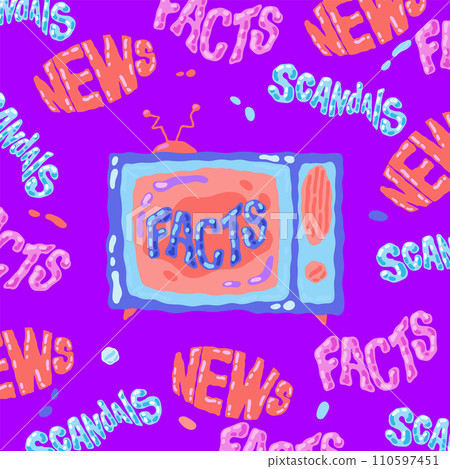 Handdrawn Doodle Television TV vector illustration with Lettering word Video News, Scandals, Facts in vintage 70 style. Vector illustration 110597451