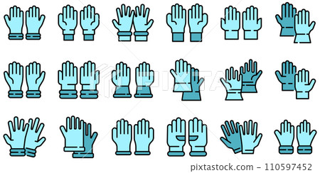 Medical gloves icons set. Outline set of medical gloves vector icons thin line color flat on white 110597452