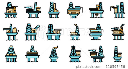 Sea drilling rig icons set. Outline set of sea drilling rig vector icons thin line color flat on white 110597456