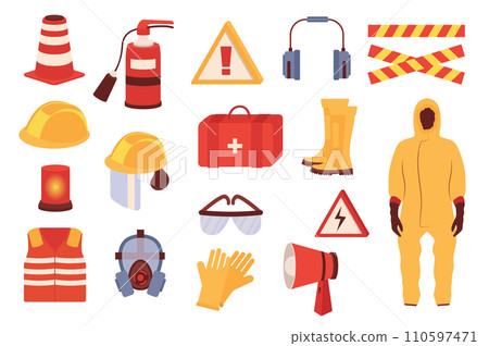 Protective equipment mega set in flat design. Bundle elements of security workwear and tools, helmet, rubber boots, gloves, safety suit, respirator, other. Vector illustration isolated graphic objects Protective equipment mega set in flat design. Bundle elements of security workwear and tools, helmet, rubber boots, gloves, safety suit, respirator, other. Vector illustration isolated graphic objects 110597471