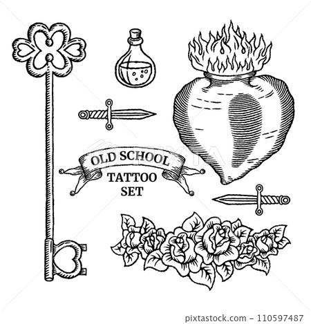 Old school tattoo social media banner with heart, flowers, bottle icon, knife, key with header in classic black and white retro style. Vector illustration Old school tattoo social media banner with heart, flowers, bottle icon, knife, key with header in classic black and white retro style. Vector illustration 110597487