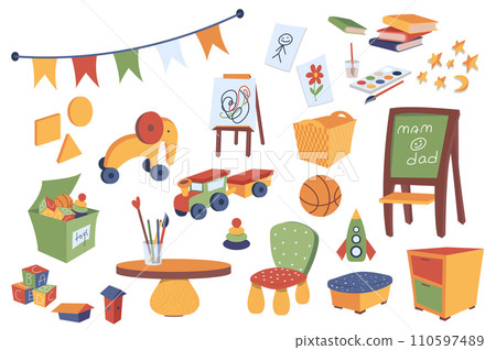 Kindergarten interior mega set in flat design. Bundle elements of toys, flag garlands, class blackboard, kids furniture, education books, drawing tools. Vector illustration isolated graphic objects Kindergarten interior mega set in flat design. Bundle elements of toys, flag garlands, class blackboard, kids furniture, education books, drawing tools. Vector illustration isolated graphic objects 110597489