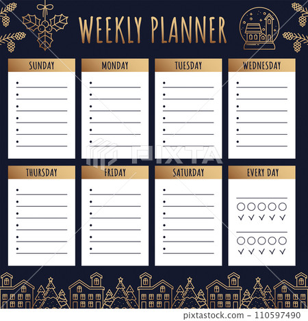 Weekly Planner in Christmas style. Calendar for the Week with a Schedule for Time Planning with Space for Text. Mistletoe, Glass Ball, Pine Cone, Gift, House, Christmas tree. Business Gift Template Weekly Planner in Christmas style. Calendar for the Week with a Schedule for Time Planning with Space for Text. Mistletoe, Glass Ball, Pine Cone, Gift, House, Christmas tree. Business Gift Template 110597490