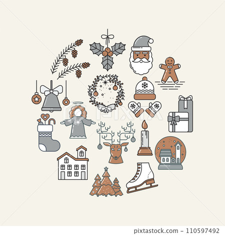 Holiday Circle Collection of Line Art Icons. Gingerbread, Santa Claus, Christmas tree, Reindeer. Vector illustration 110597492