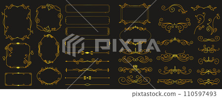 Gold vintage frames mega set in flat design. Bundle elements of abstract line classical decorative borders, dividers and templates square or circle forms. Vector illustration isolated graphic objects Gold vintage frames mega set in flat design. Bundle elements of abstract line classical decorative borders, dividers and templates square or circle forms. Vector illustration isolated graphic objects 110597493