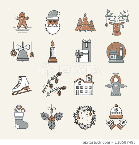 Christmas set of Line Art Colored Icons. Simple logo. Vector illustration 110597495