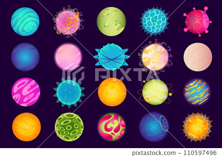 Galaxy planets mega set in flat design. Bundle elements of colourful abstract alien planets and fantastic cosmos universe celestial spheres for space game. Vector illustration isolated graphic objects Galaxy planets mega set in flat design. Bundle elements of colourful abstract alien planets and fantastic cosmos universe celestial spheres for space game. Vector illustration isolated graphic objects 110597496
