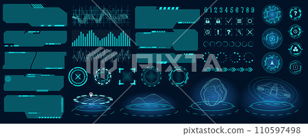 Futuristic user interface mega set in flat design. Bundle elements of gui element dashboard, ui screens templates with buttons, virtual reality holograms. Vector illustration isolated graphic objects 110597498