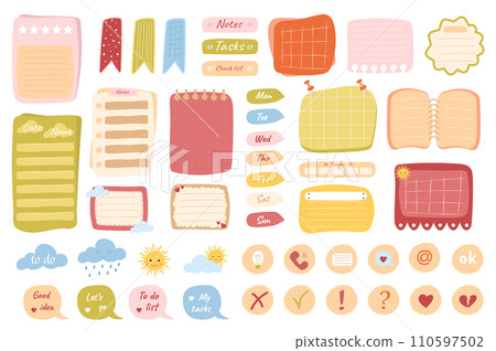 Cute sticky notes mega set in flat design. Bundle elements of stickers, paper notes, list, decorative emoticons, templates for week and daily planners. Vector illustration isolated graphic objects Cute sticky notes mega set in flat design. Bundle elements of stickers, paper notes, list, decorative emoticons, templates for week and daily planners. Vector illustration isolated graphic objects 110597502