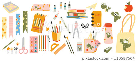 Cute school stationery mega set in flat design. Bundle elements of adorable pens, bookmarks, scissors, pencils, paints, books, bottle, other kawaii supply. Vector illustration isolated graphic objects 110597504