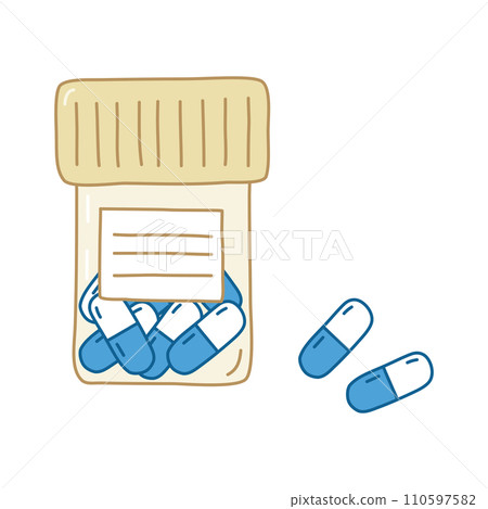 Medicine pills in plastic container or jar with label, doodle style vector Medicine pills in plastic container or jar with label, doodle style vector 110597582