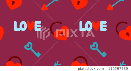 Valentines day seamless pattern with heart shaped lock, key, arrow and love word on burgundy, vector Valentines day seamless pattern with heart shaped lock, key, arrow and love word on burgundy, vector 110597589