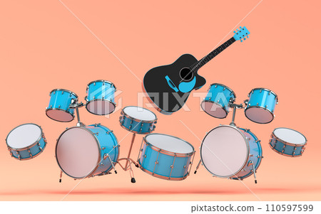 Set of electric acoustic guitars and drums with cymbals on orange background 110597599