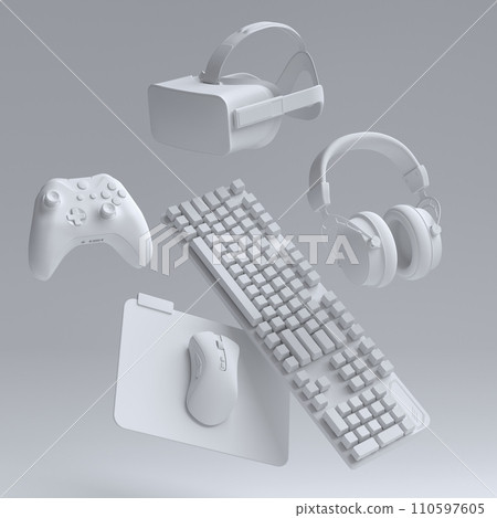 Top view gamer gears like joystick, keyboard, headphones and microphone 110597605