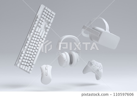 Top view gamer gears like joystick, keyboard, headphones and VR glasses 110597606