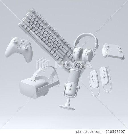 Top view gamer gears like joystick, keyboard, headphones and microphone 110597607