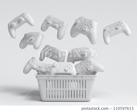 Gamer gears like mouse, keyboard, joystick, headset, VR, web camera in basket 110597615