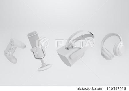 Top view gamer gears like joystick, keyboard, headphones and microphone Top view gamer gears like joystick, keyboard, headphones and microphone 110597616