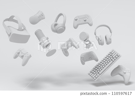 Top view gamer gears like joystick, keyboard, headphones and microphone 110597617