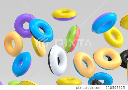Many of flying inflatable ring for swimming pool isolated on white background 110597625