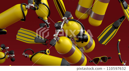 Many of flying scuba stuff like oxygen tank, flip flops and scuba mask on red 110597632