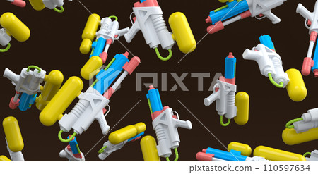 Many of flying plastic water gun toy for playing in the swimming pool on black 110597634