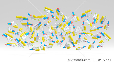 Many of flying plastic water gun toy for playing in the swimming pool on white 110597635