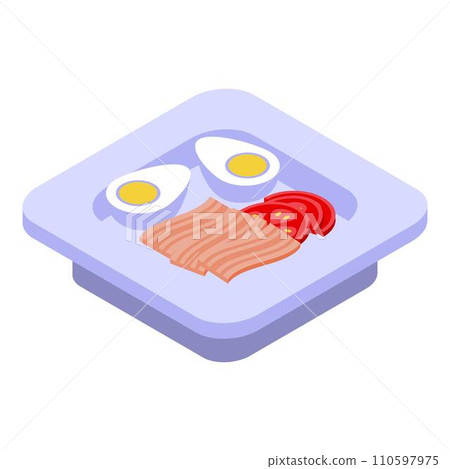 Healthy breakfast boiled egg and bacon icon. Isometric of healthy breakfast boiled egg and bacon vector icon for web design isolated on white background Healthy breakfast boiled egg and bacon icon. Isometric of healthy breakfast boiled egg and bacon vector icon for web design isolated on white background 110597975