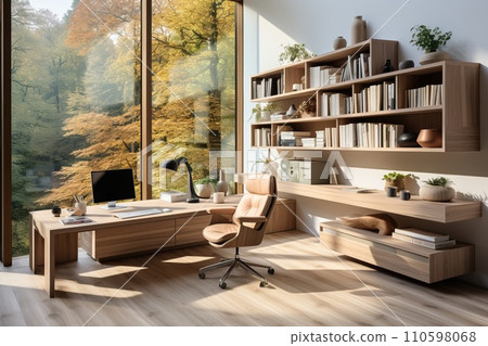 Office with a spacious desk adorned with minimal decor, atmosphere of orderly productivity 110598068