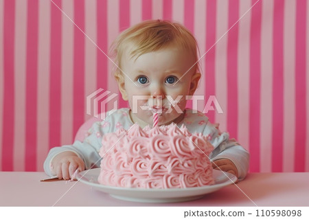 Baby girl birthday. Pink cake, balloons, one year. Cute girl on pink background 110598098