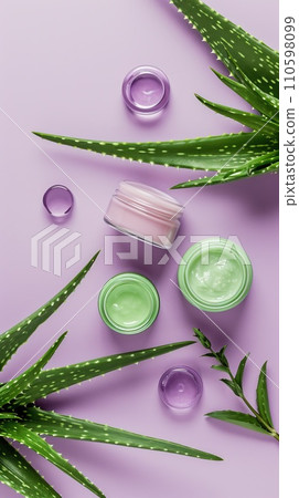 Arrangement of aloe skincare products, delicate containers set with aloe vera leaves on a pastel lavender vertical background 110598099
