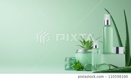Aloe vera skincare flat lay, bottles and jars on a calming sea green surface with aloe leaves 110598100