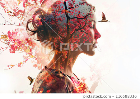 Double exposure portrait of woman blended with nature, blossoming trees and birds on white background. Spring concept. 110598336