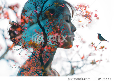 Double exposure portrait of woman blended with nature, blossoming trees and birds on white background. Spring concept. Double exposure portrait of woman blended with nature, blossoming trees and birds on white background. Spring concept. 110598337