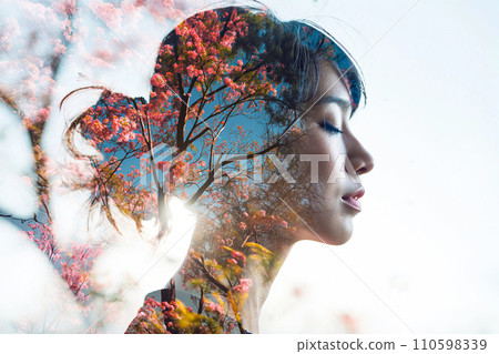 Double exposure portrait of woman blended with nature, blossoming trees and birds on white background. Spring concept. Double exposure portrait of woman blended with nature, blossoming trees and birds on white background. Spring concept. 110598339